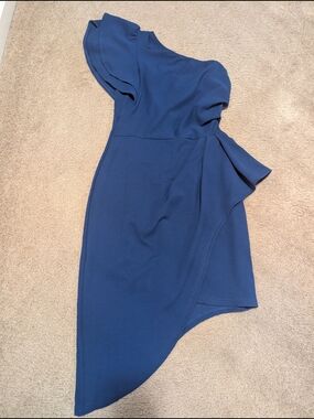 One-Shoulder Royal Blue Asymmetric Dress with Ruffle Detail